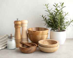 Wooden Bowls and Kitchen Utensils Arranged with a Small Potted Plant on a Countertop Surface Still Life