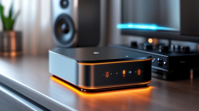 A glowing NAS device next to a modern sound system