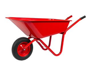 A bright red wheelbarrow with a black wheel and handles, designed for gardening or construction work, isolated on a light gray background.