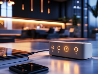 A glowing smart plug adapter in a smart home setup