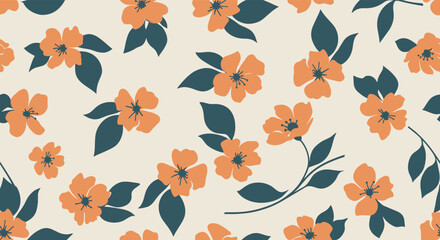 Fototapeta premium Seamless pattern with scattered orange flowers and dark green leaves on a light cream background, creating a cheerful and natural botanical design.