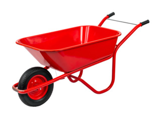 A bright red wheelbarrow with a black wheel and handles, designed for gardening or construction work, isolated on a light gray background.