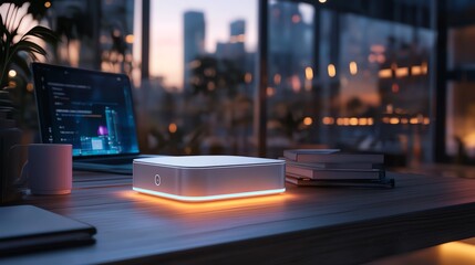 A glowing smart surge protector under a hightech desk setup