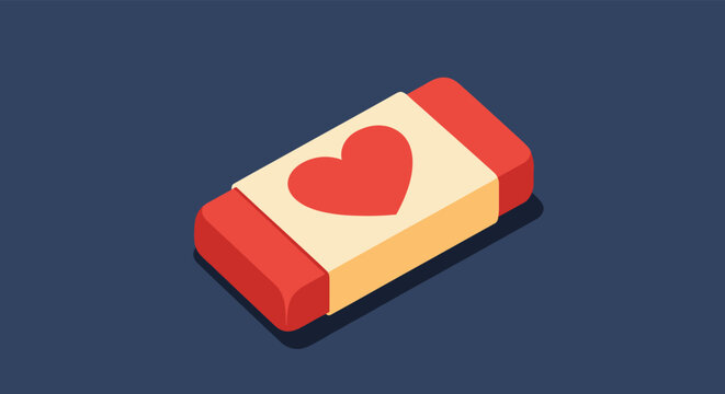An isometric illustration of a red eraser with a beige wrapper featuring a red heart, symbolizing the act of removing or forgetting love.
