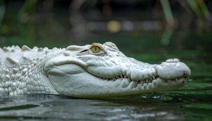 Fototapeta premium A white reptile swims in murky water, its eye fixed
