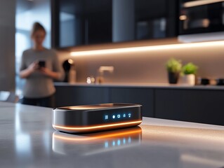 A smart plug adapter glowing in a techfilled smart kitchen