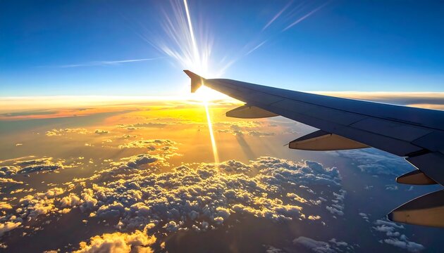 A plane wing view with clouds as the sun rises in the distance - Powered by Adobe