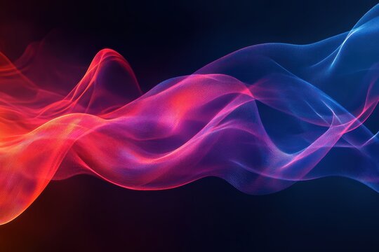 Dynamic Abstract Wave of Digital Particles Flowing with Vibrant Red and Blue Gradients on Black Background