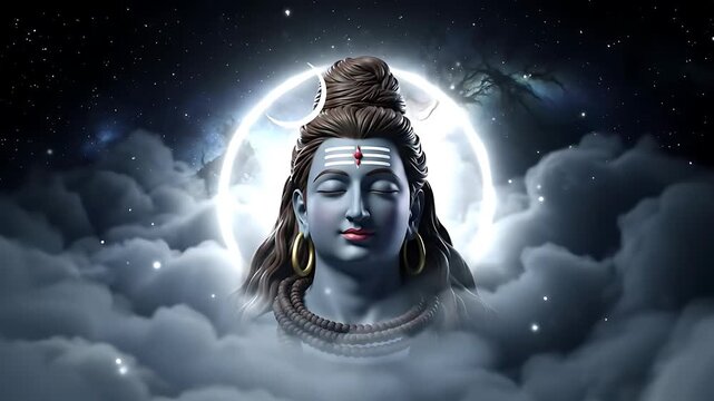 Divine depiction of Lord Shiva amidst celestial clouds and moonlight