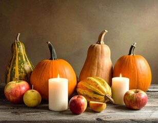 Autumn Harvest Still Life with Pumpkins, Apples, and Candles.