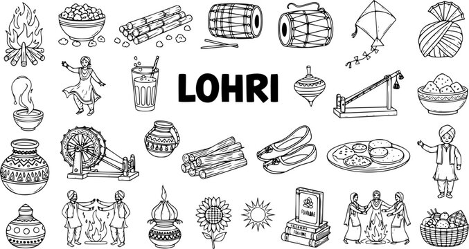 Lohri Celebration: Doodle Illustration of Festival Elements