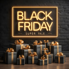 Black Friday Super Sale. Shelf and podium with realistic black gifts boxes with gold bows. Dark background golden text lettering in bright glowing neon frame. vector illustration