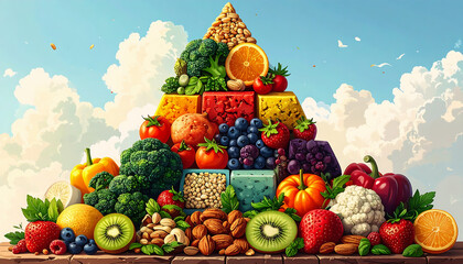 AI-generated image of A vibrant, artistic pyramid arrangement of nutritious foods including berries, broccoli, nuts, seeds, and grains. this image promotes healthy eating.