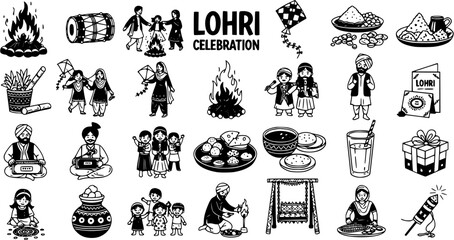 Obraz premium Lohri Festival Celebration Elements Set. Hand drawn black white icons of traditional Punjabi winter harvest festival: bonfire, kites, food, dhol, people, and rituals.