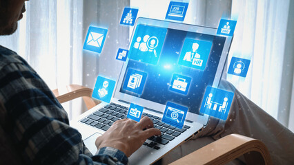 Job search icons show recruitment, HR management, and employee career growth. Job search helps...