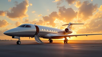Luxurious private jet parked on the tarmac with its door open and stairs extended, bathed in the warm glow of a beautiful sunset sky