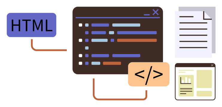 HTML block, code editor highlighting snippets, document outlines, and webpage preview. Ideal for web design, coding, programming, education, software development UIUX simple flat metaphor