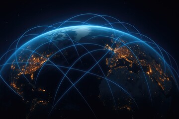 Global network connections illuminate the earth at night with bright city lights and orbital lines, technology, communication, travel