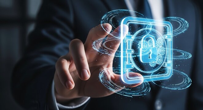 Businessman touches digital padlock on futuristic interface, symbolizing cybersecurity and data protection in modern business environment. - Powered by Adobe