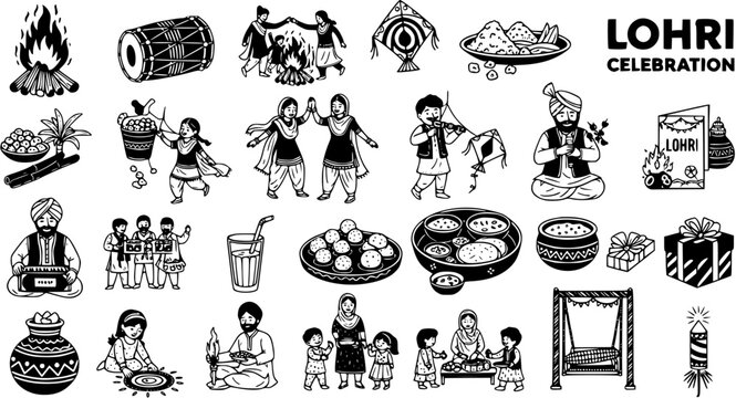 Lohri Celebration Black and White Doodle Icon Set. Hand-drawn traditional Punjabi winter harvest festival elements including bonfire, dancing, food, kites, and family gatherings.