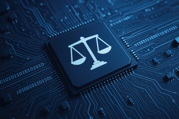 Digital justice scales on integrated circuit with binary code, technology law