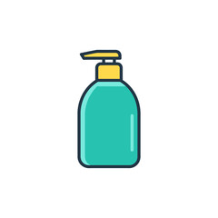 Turquoise bottle of liquid soap sits on white surface, ready for dispensing in clean bathroom, promoting hygiene and cleanliness.