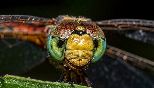 Close-up of an insect's head, showing detailed compound eyes and textures