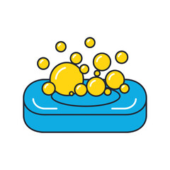 Blue bar of soap produces yellow bubbles on white surface, representing cleanliness and hygiene in a simple, cartoonlike style.