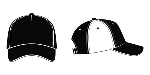 Vector template of a blank baseball cap shown in front and side profile views, an isolated mockup for apparel design