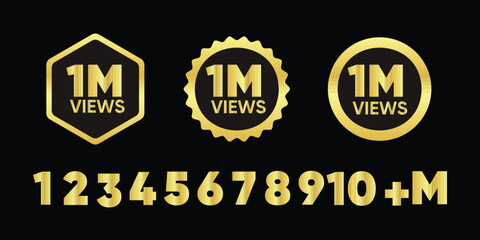1 Million Views Achievement Badge Collection and Golden Number Set, Vector Graphic Icons for Social Media Milestone, Hexagon Circle Award Labels on Black