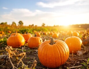 Pumpkins in a field at sunset, autumn harvest.