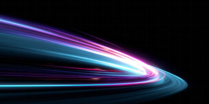 Bright streaks of blue and pink light curve across dark background.