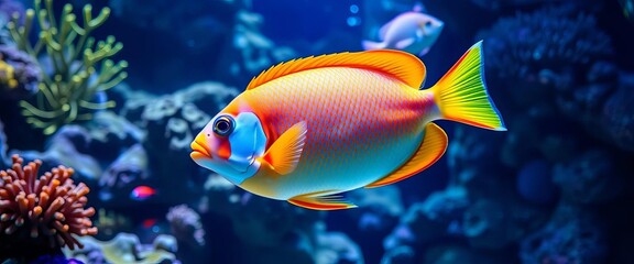 Fototapeta premium Vibrant tropical fish swimming in coral reef aquarium, nature, swimming