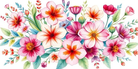 Vibrant watercolor blooms, leaves, and stems in a whimsical arrangement,  elegant,  decor