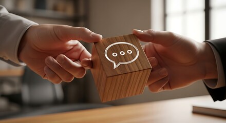 Businessmen exchange wooden cube with speech bubble symbol on desk, representing communication and collaboration in a modern office environment.