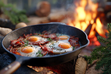 Fototapeta premium Cooking Breakfast With Eggs and Bacon Over an Open Campfire in a Forest Setting