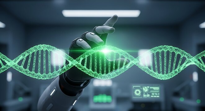 Robotic hand manipulates dna strand in futuristic laboratory, symbolizing advancements in genetic engineering and biotechnology, with a focus on innovation and progress. - Powered by Adobe