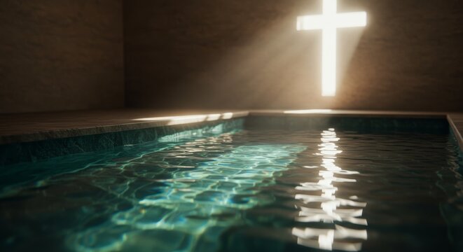 Baptismal Pool with a Cross in the Background and Rippling Water Surface