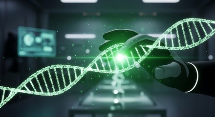 Hand manipulating digital dna strand in futuristic laboratory, showcasing genetic research and technological advancement with a sense of innovation and hope.