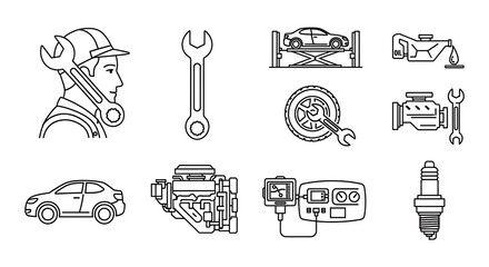 Car Repair and Maintenance Icons - Automotive Service and Mechanic Tools.