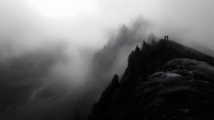 Silhouetted figures stand on a dramatic misty alpine ridge with jagged peaks overlooking a deep valley