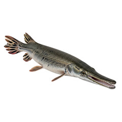 Naklejka premium A long slender alligator gar fish with sharp teeth and scales isolated on transparent background