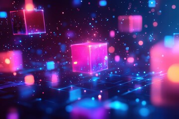 Abstract futuristic technology background with glowing cubes and particles, a digital space with vibrant neon colors