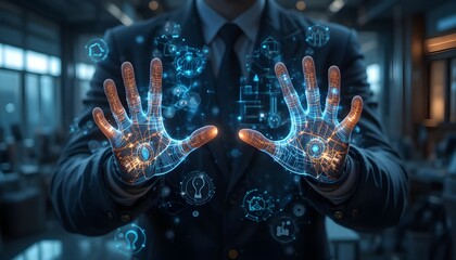 Futuristic businessman displaying glowing digital network interface on his hands, symbolizing innovation and data connection in modern business