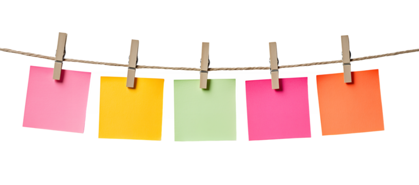 Colorful blank sticky notes hanging on a clothesline with clothespins