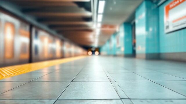 Subway Station Perspective: A blurred image of a subway train is about to arrive in the station, inviting people to transit, with a focus on geometric patterns and modern urban design.