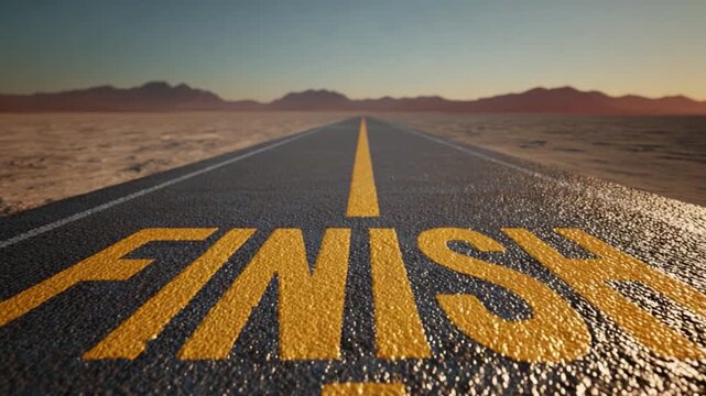 Road to Finish Line: A perspective shot of a road stretching into the horizon, with the word FINISH boldly emblazoned on the asphalt. The vast.