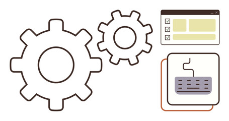 Two gears, a browser window with checklist and keyboard interface illustrating workflow, automation, or system setup. Ideal for technology, engineering, software, teamwork, planning efficiency