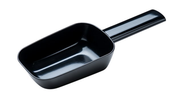 Black plastic scoop isolated on transparent background for measuring or scooping