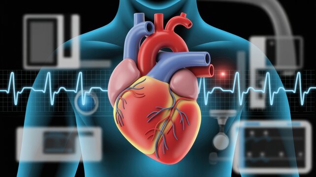 Human heart illustration with ekg waveform and medical equipment in the background graphic design